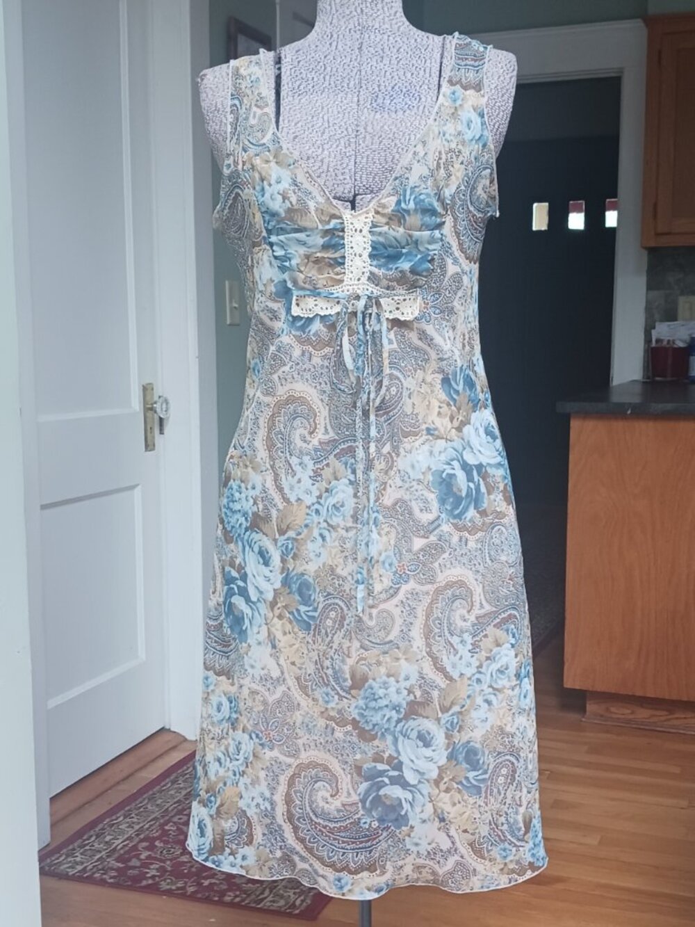 Blue and Beige Paisley Slip Dress